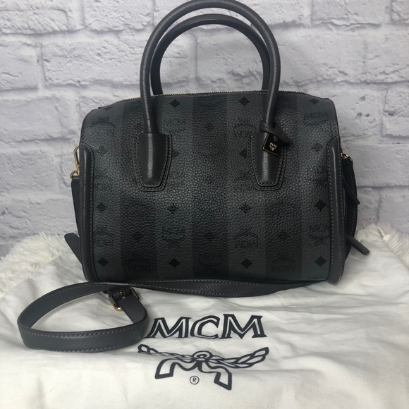 MCM Striped Visetos Medium Boston Bag, Gray - Picture 3 of 8